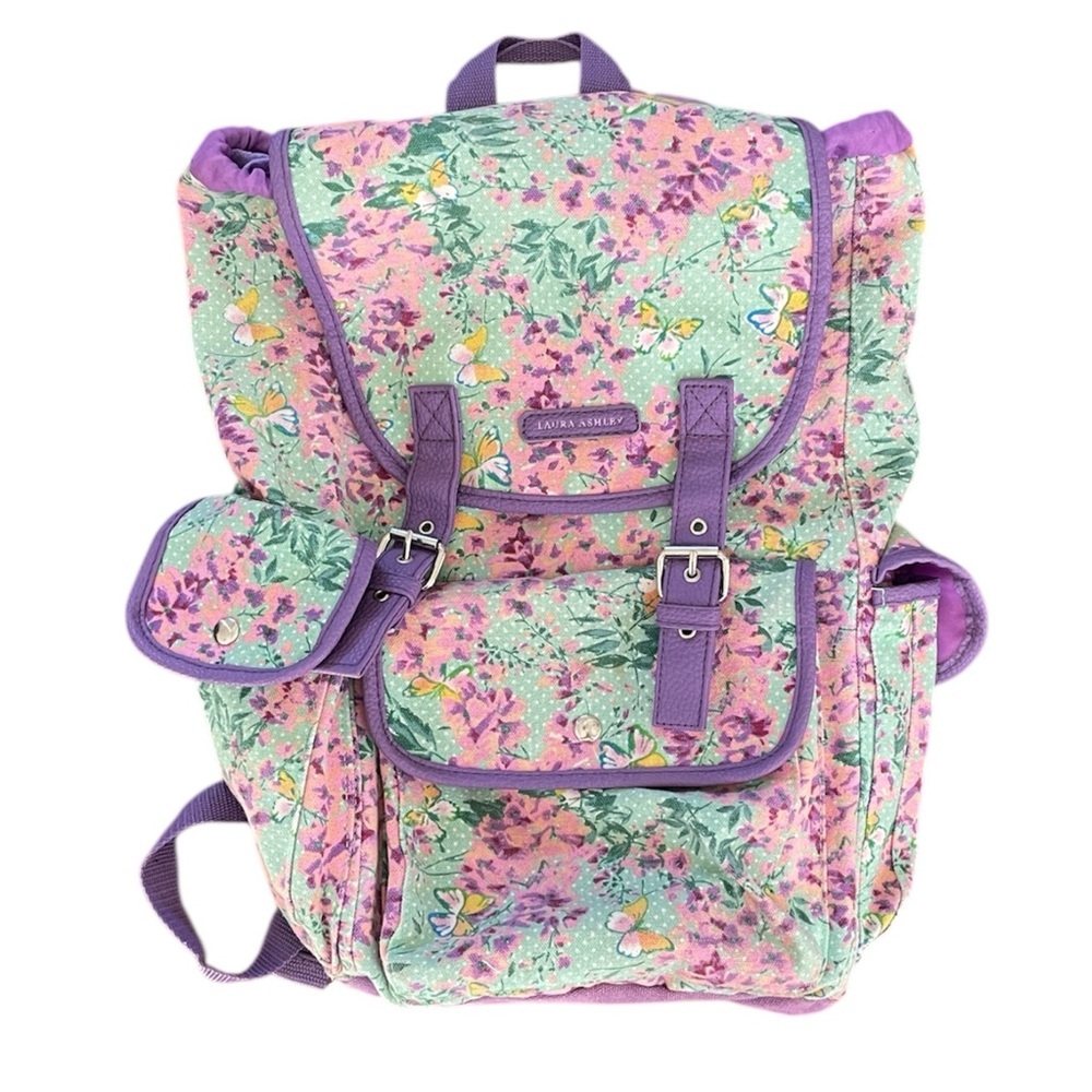 Laura Ashley Floral Mint Purple Cotton Backpack Computer Bag EUC Snap Closures
